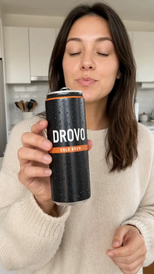 First frame of the DROVO Cold Brew ad made by Grok Imagine 1.5, take 2